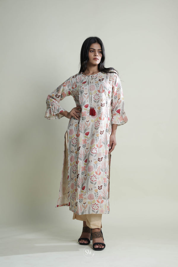 Pastel Beige Floral Printed Long Dress