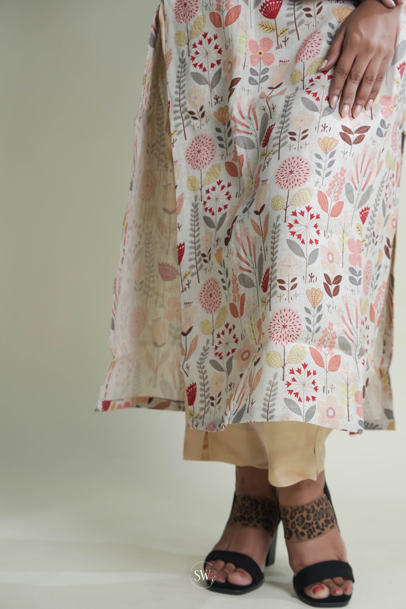 Pastel Beige Floral Printed Long Dress
