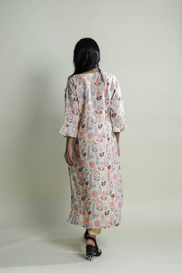 Pastel Beige Floral Printed Long Dress