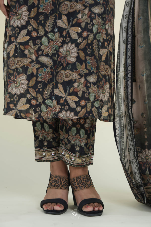Deep Blue Printed Straight Suit Set With Floral Design