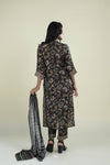 Deep Blue Printed Straight Suit Set With Floral Design