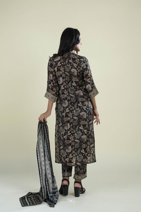 Deep Blue Printed Straight Suit Set With Floral Design