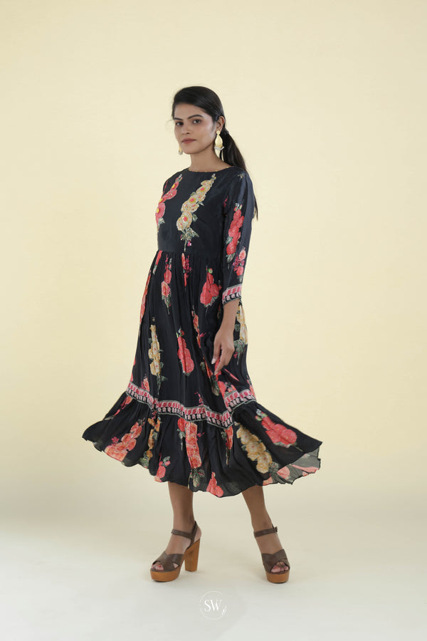 Night Black Printed Kurti with Floral Design