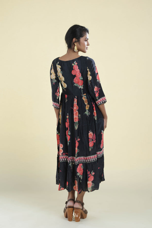 Night Black Printed Kurti with Floral Design