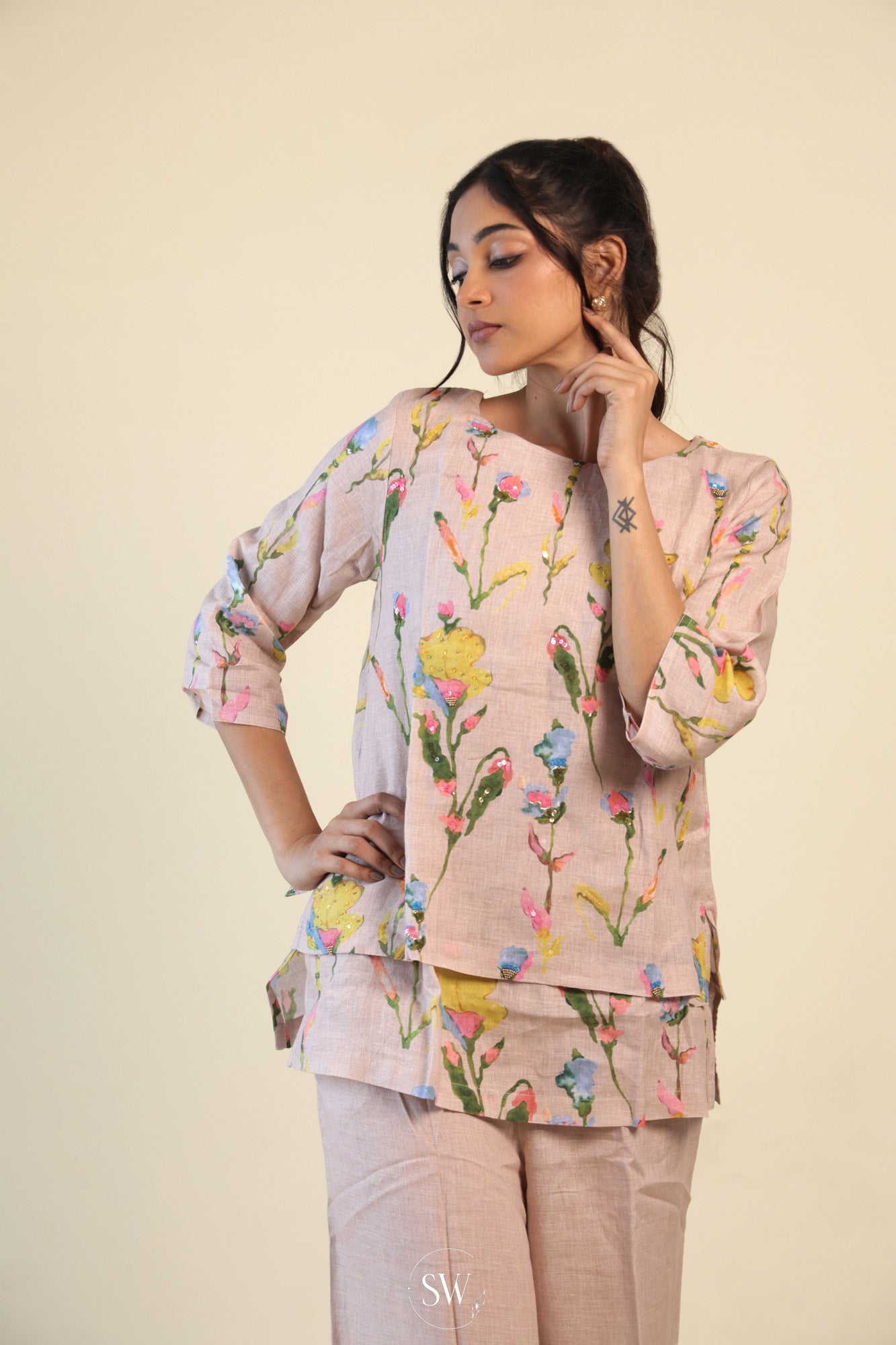 Champagne Pink Printed Co-ord Set With Floral Design