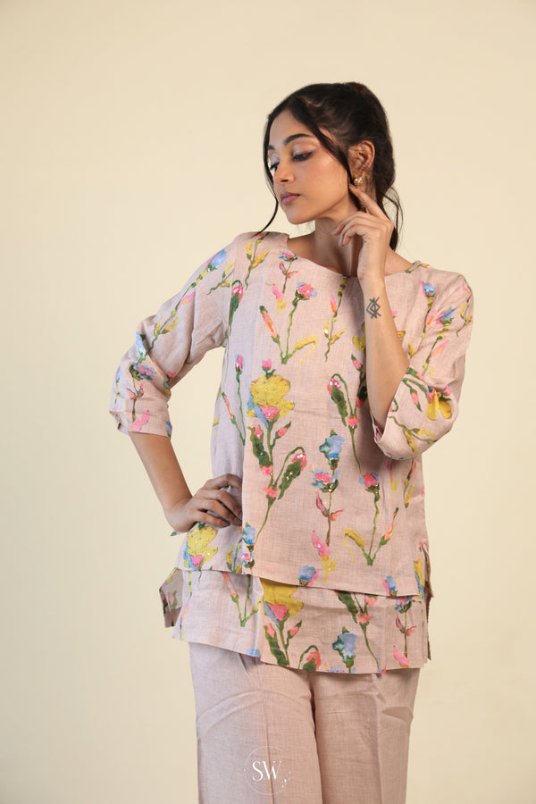 Champagne Pink Printed Co-ord Set With Floral Design