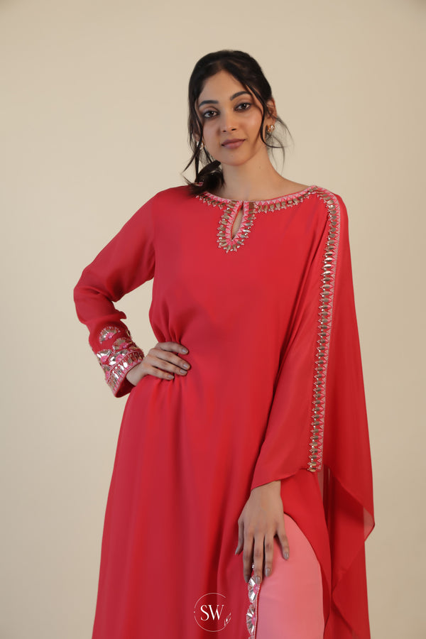 Magenta Pink Indo Western Dress with Hand Embroidery
