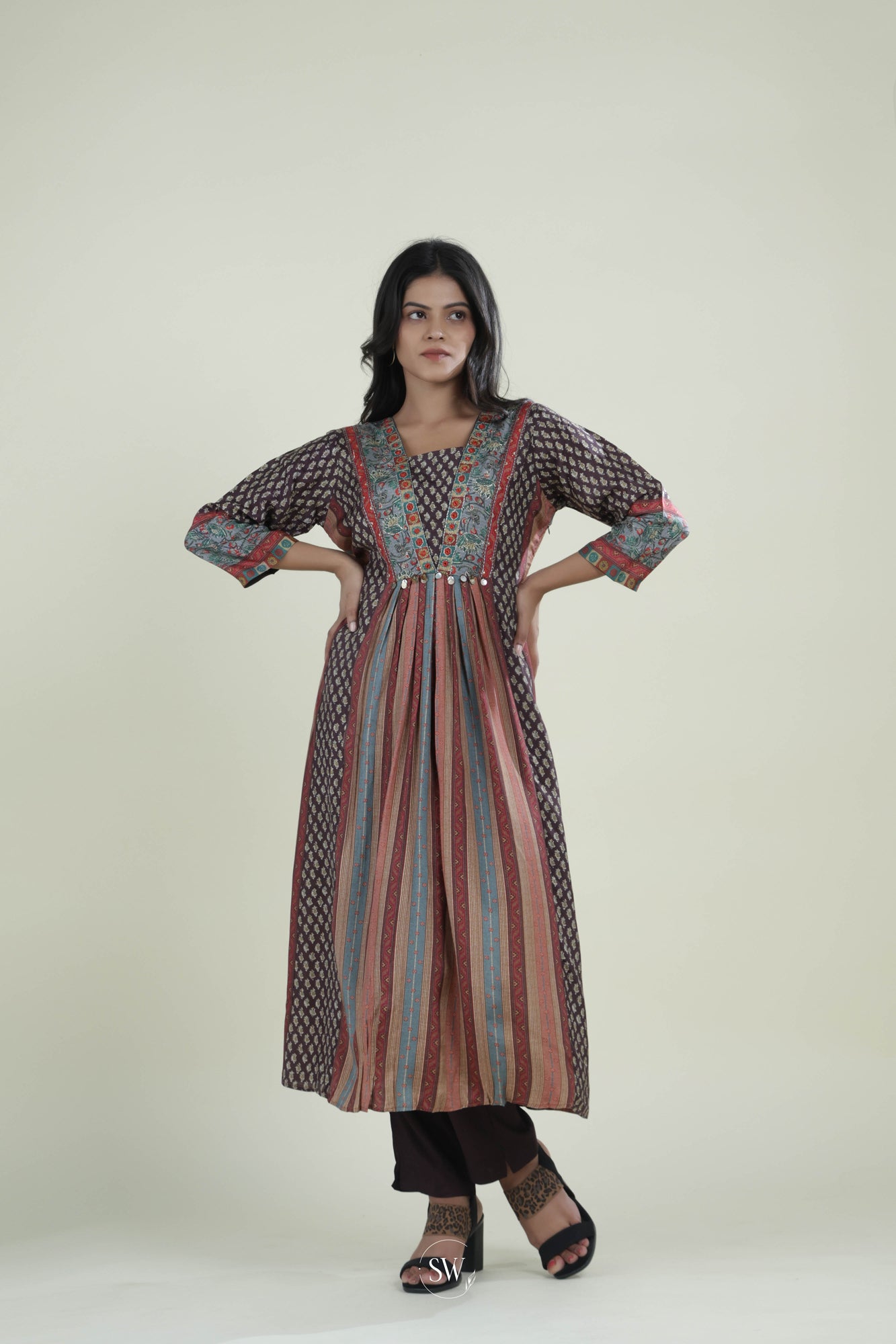 Brown Stone Printed Top & Bottom Set With Floral Design