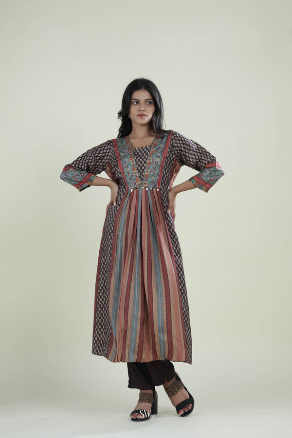 Brown Stone Printed Top & Bottom Set With Floral Design
