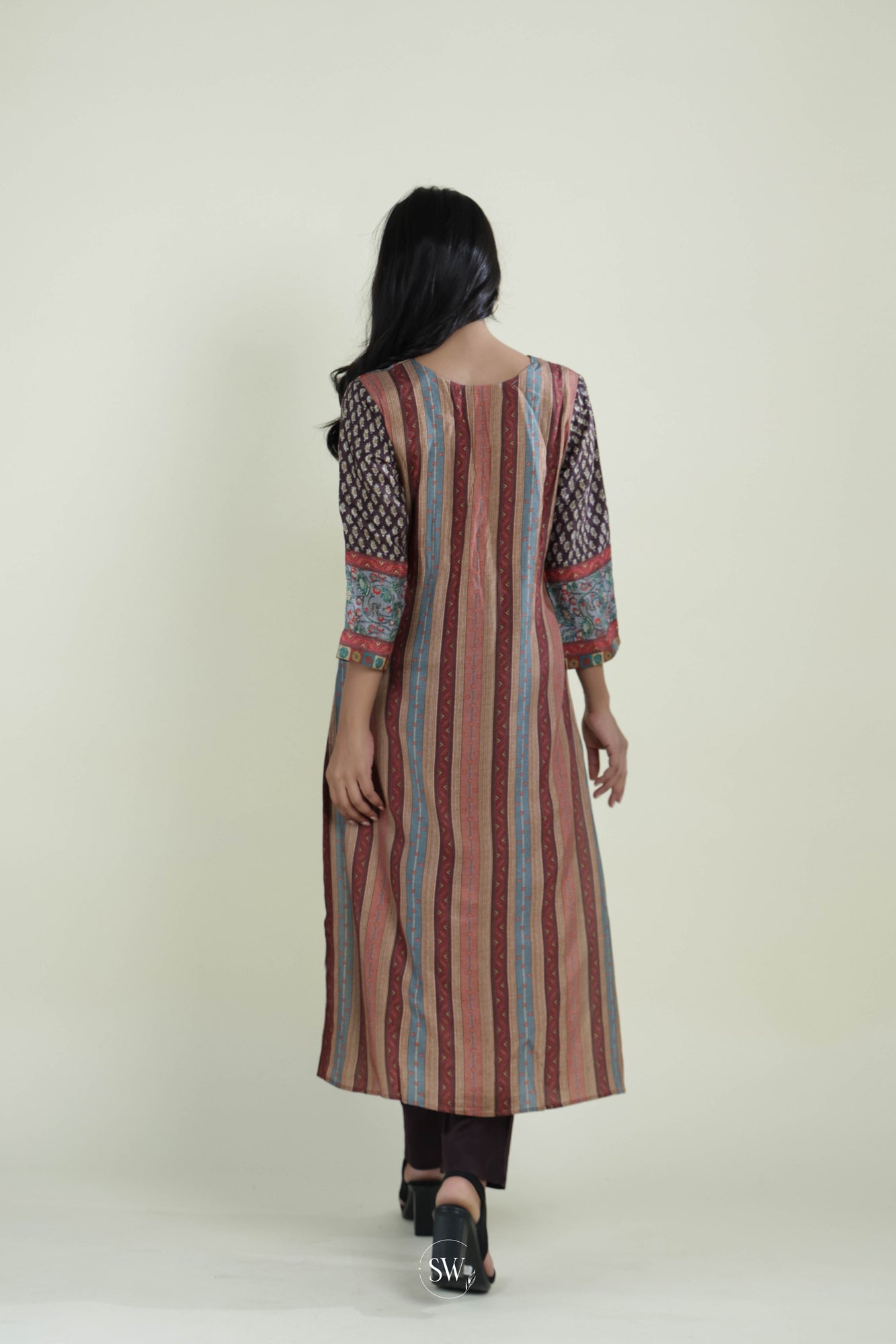 Brown Stone Printed Top & Bottom Set With Floral Design