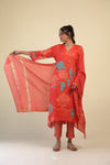 Prismatic Red Printed Straight Suit Set With Floral Patterns