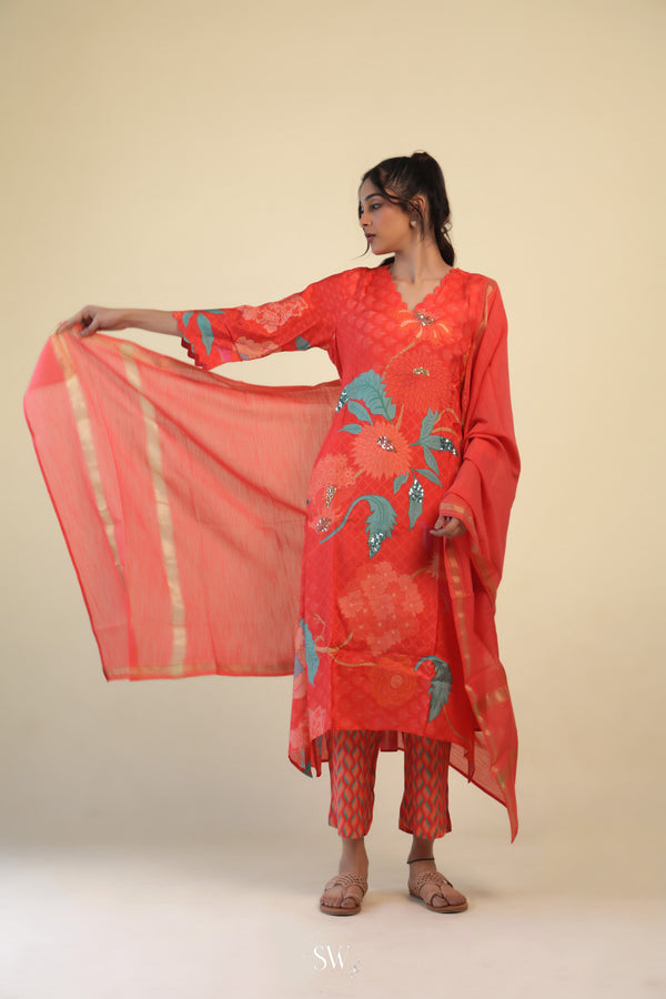 Prismatic Red Printed Straight Suit Set With Floral Patterns