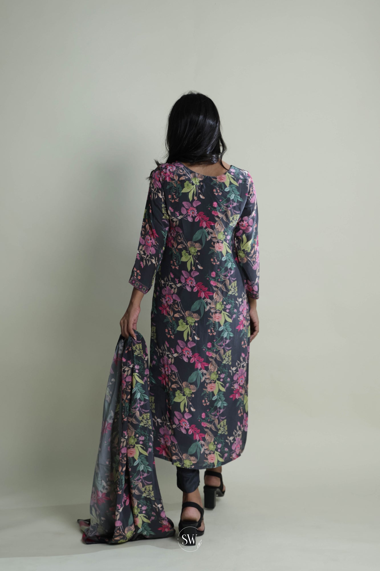 Charcoal Black Printed Straight Suit Set With Floral Design