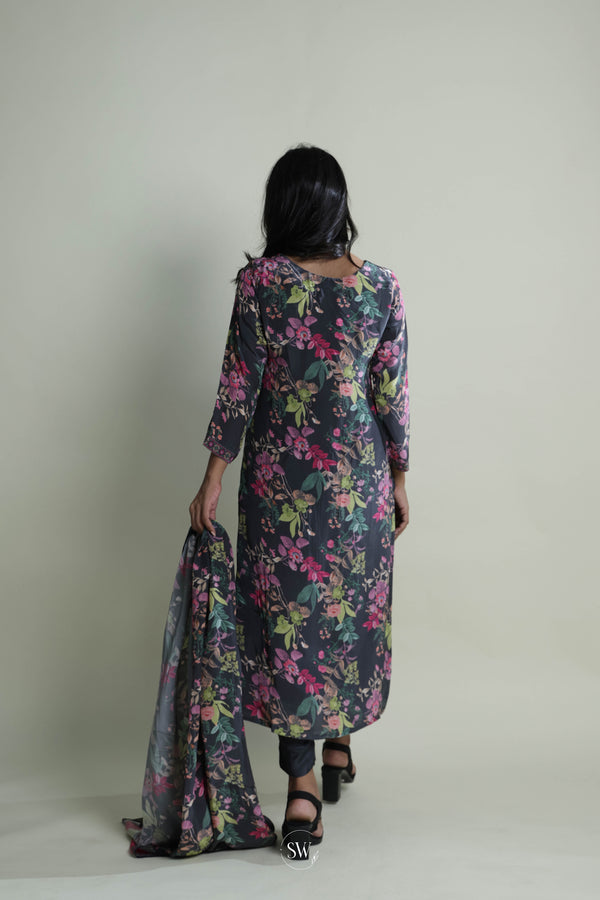 Charcoal Black Printed Straight Suit Set With Floral Design
