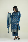 Prussian Blue Straight Suit Set With Floral Weaving