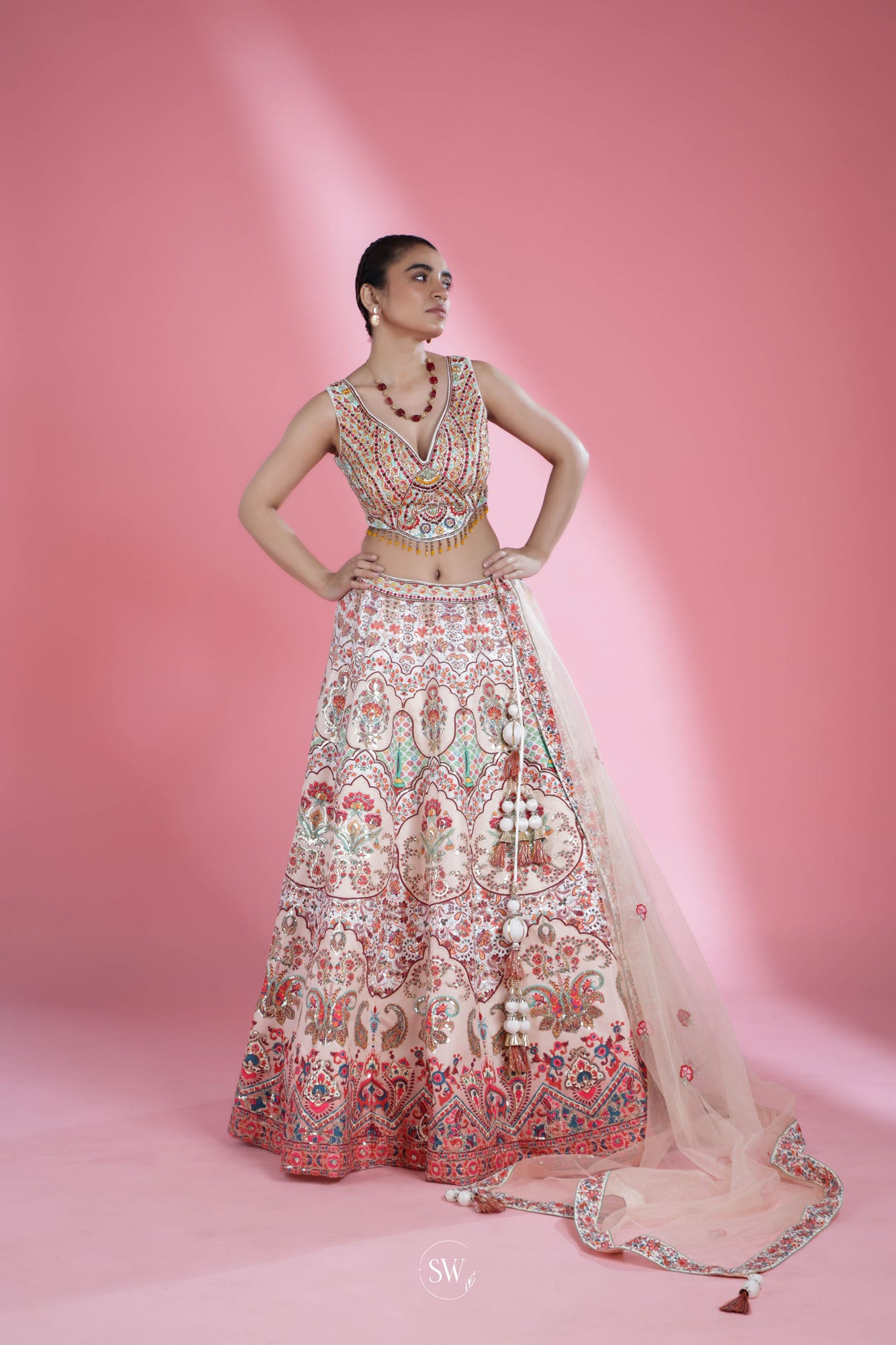 Pastel Peach Lehenga Set with Floral Embroidery