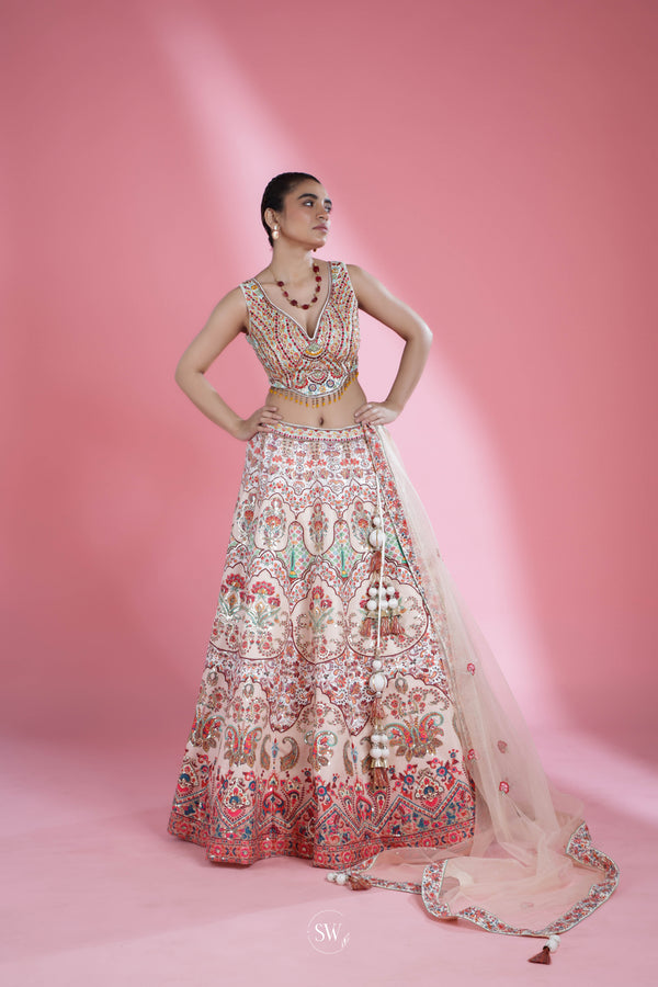 Pastel Peach Lehenga Set with Floral Embroidery