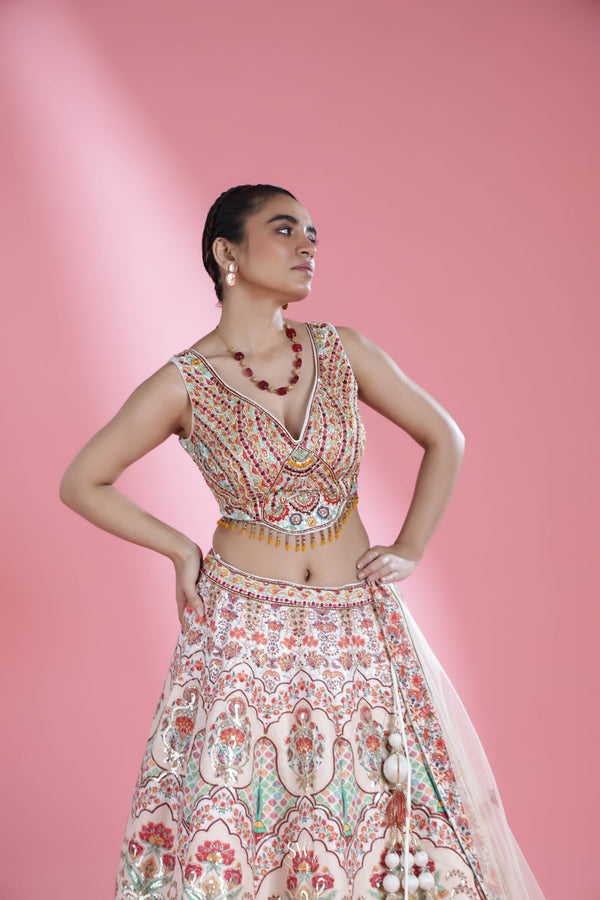 Pastel Peach Lehenga Set with Floral Embroidery