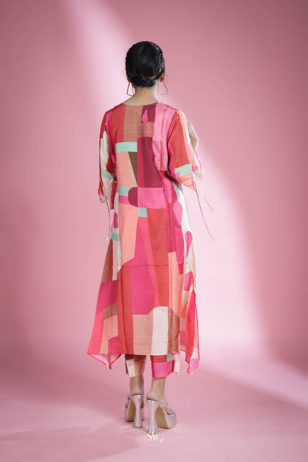 Pink Multicolour Top And Palazzo Set With Geometrical Pattern