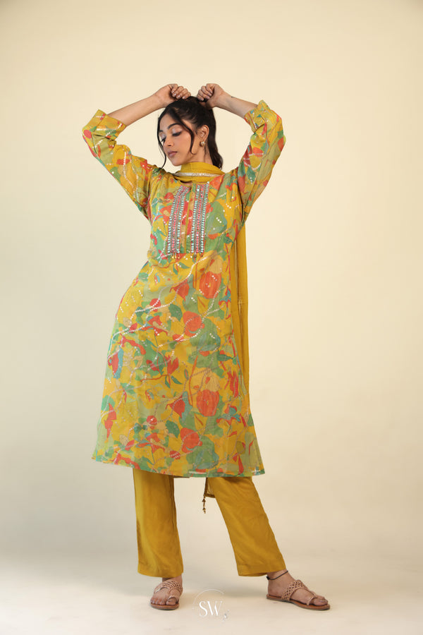 Avocado Green Printed Straight Suit Set With Hand Embroidery