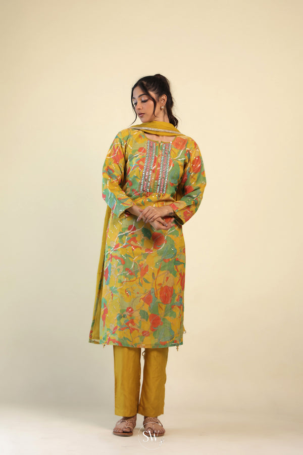 Avocado Green Printed Straight Suit Set With Hand Embroidery
