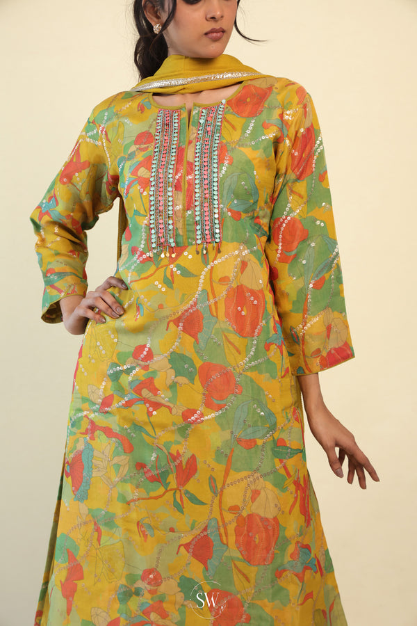 Avocado Green Printed Straight Suit Set With Hand Embroidery