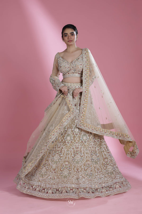 Pastel Beige Floral Lehenga Set with Hand Embroidery