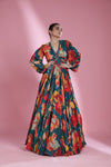 Peacock Blue Gown with Floral Print