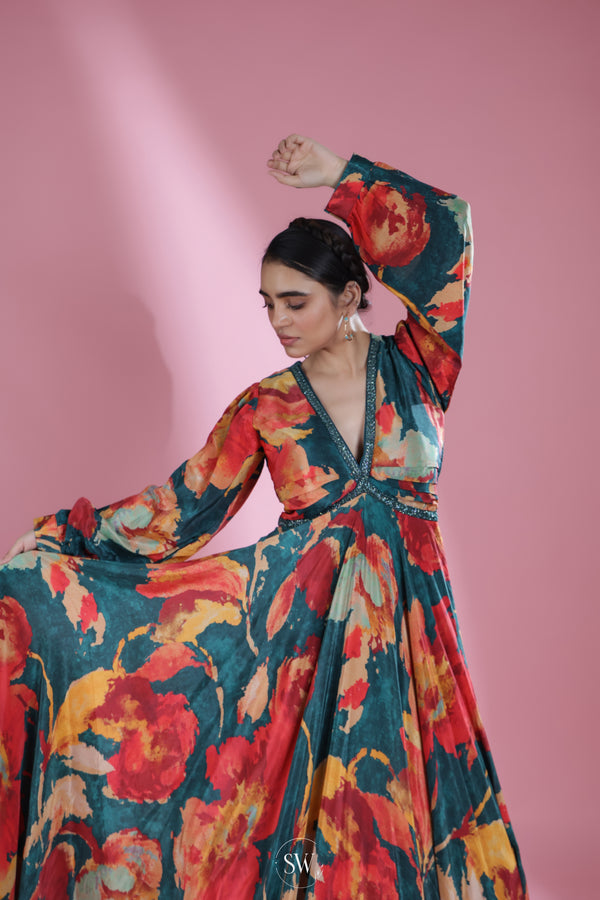 Peacock Blue Gown with Floral Print