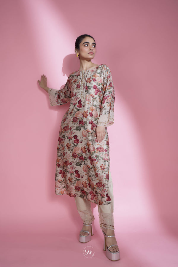 Off White Printed Top And Bottom Set With Floral Pattern