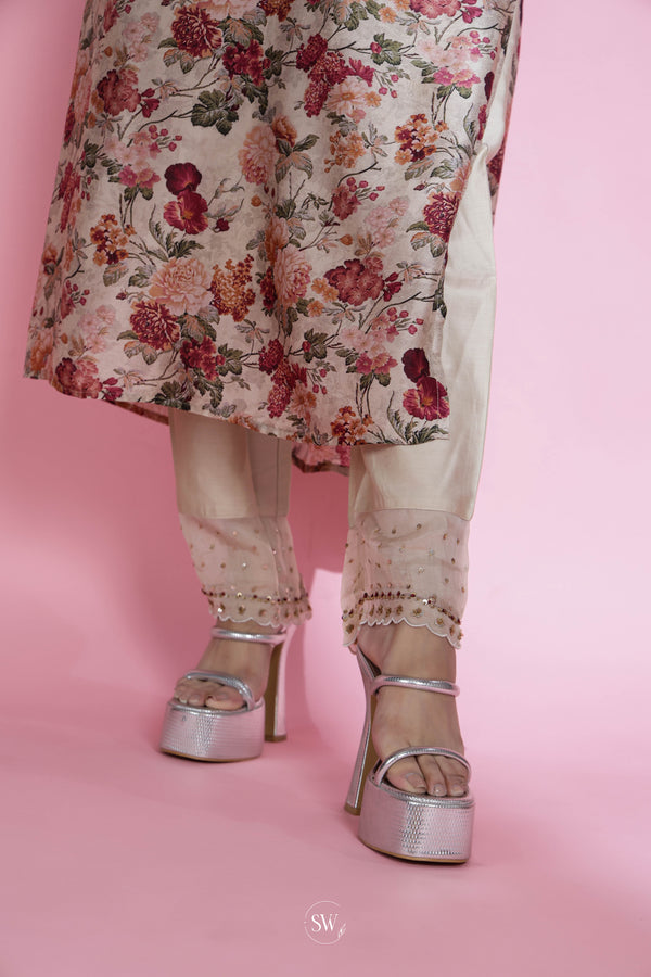 Off White Printed Top And Bottom Set With Floral Pattern