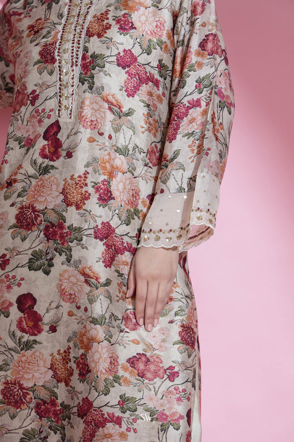 Off White Printed Top And Bottom Set With Floral Pattern