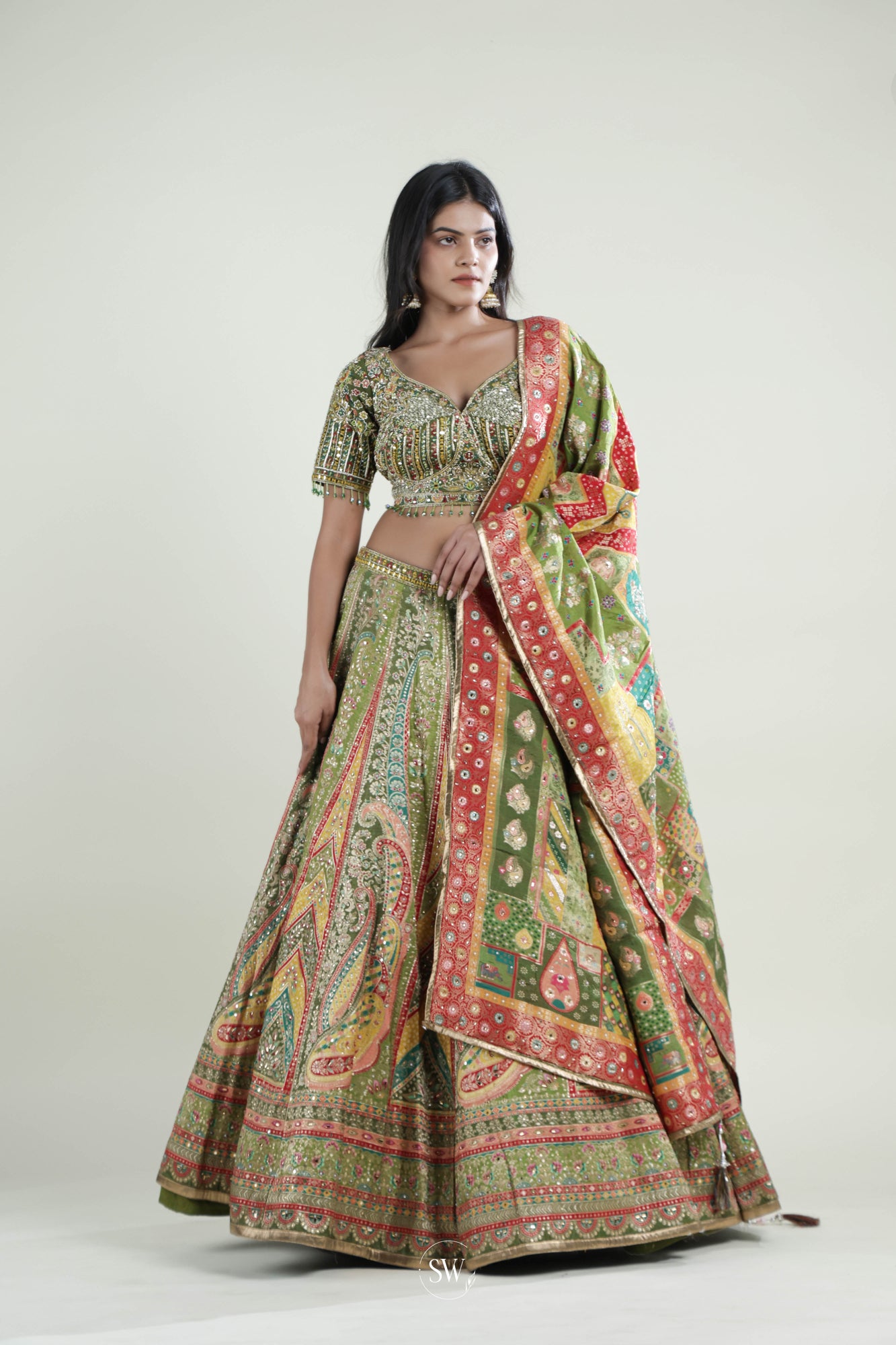 Parrot Green Floral Lehenga Set with Hand Embroidery