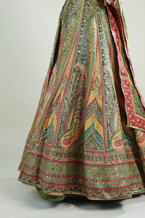 Parrot Green Floral Lehenga Set with Hand Embroidery
