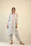 Pastel Mint Green Kurta Set With Floral-Stripes Pattern