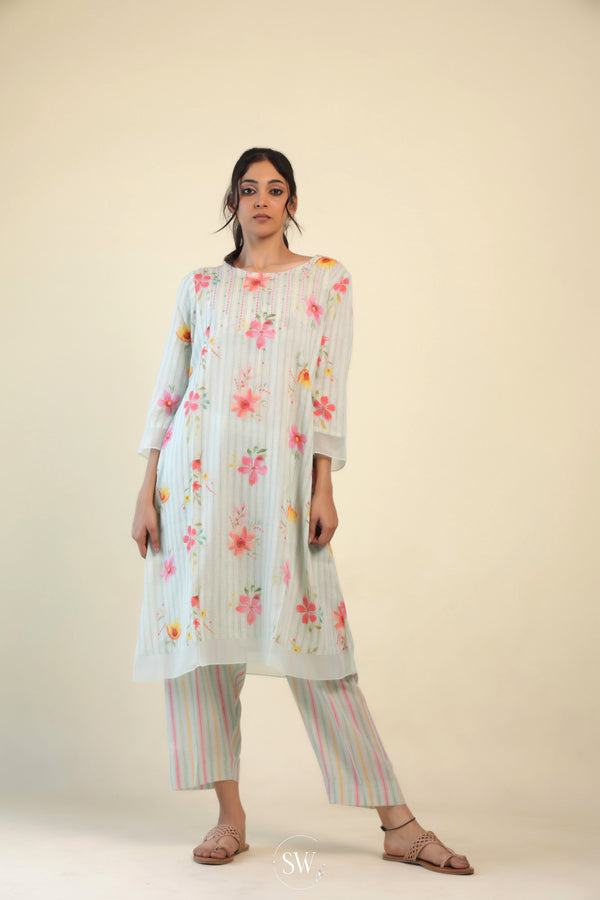 Pastel Mint Green Kurta Set With Floral-Stripes Pattern