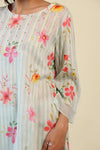 Pastel Mint Green Kurta Set With Floral-Stripes Pattern