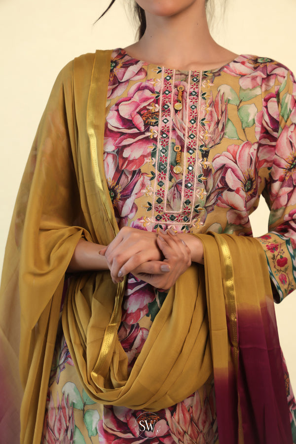 Ochre Yellow Printed Suit Set With Floral Design