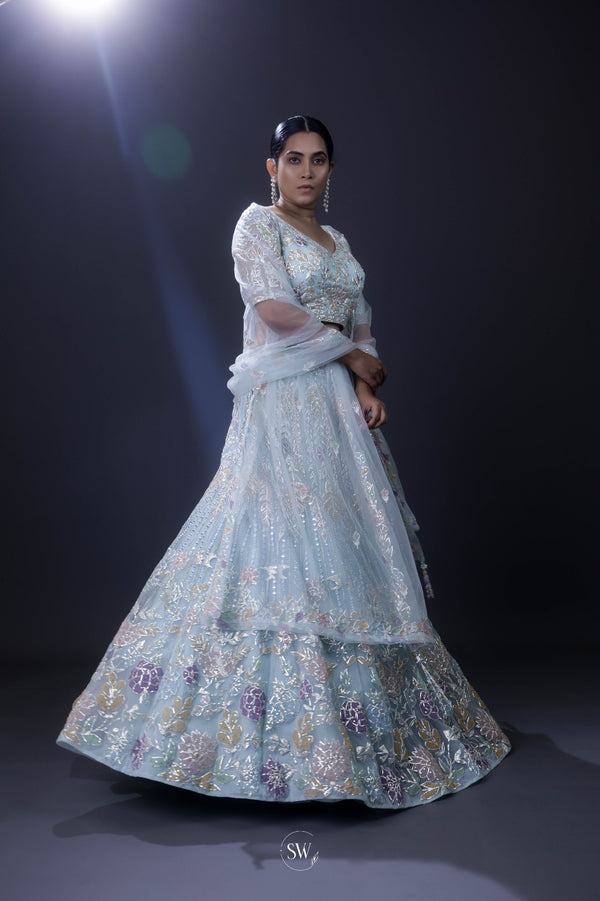 Marian Blue Lehenga Set with Embroidery