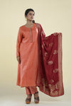 Creamy Peach Straight Suit Set With Hand Embroidery