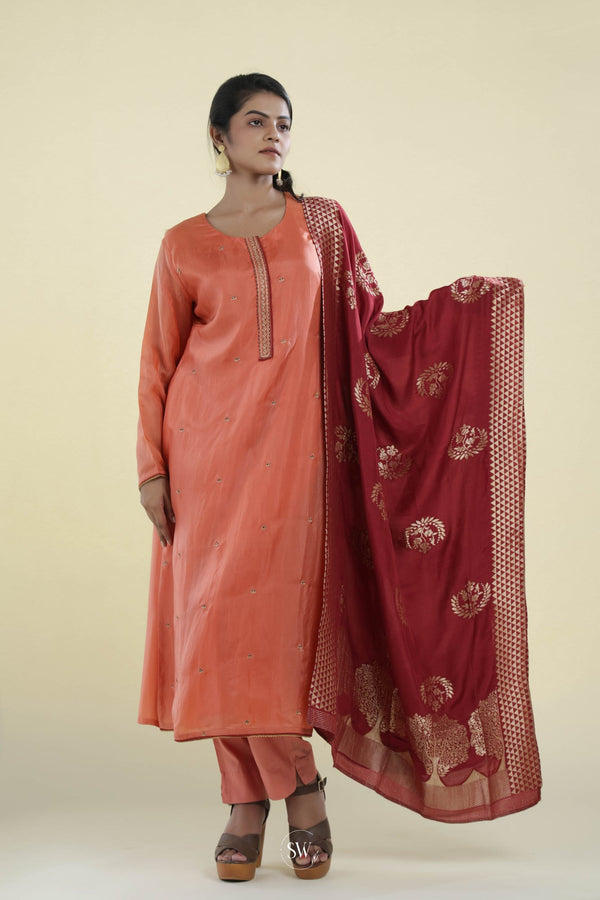 Creamy Peach Straight Suit Set With Hand Embroidery