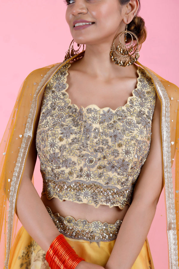 Butter Yellow Floral Printed Organza Lehenga