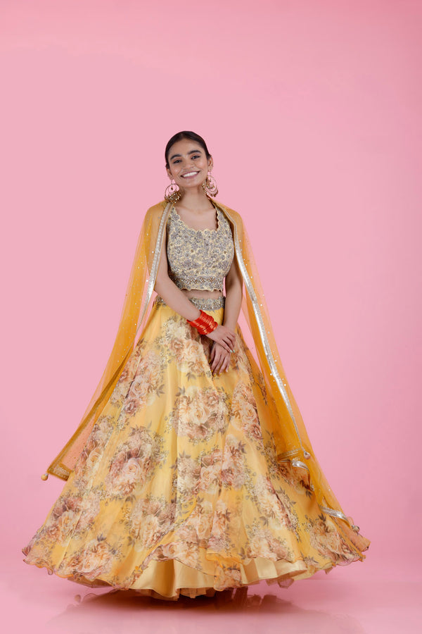 Butter Yellow Floral Printed Organza Lehenga