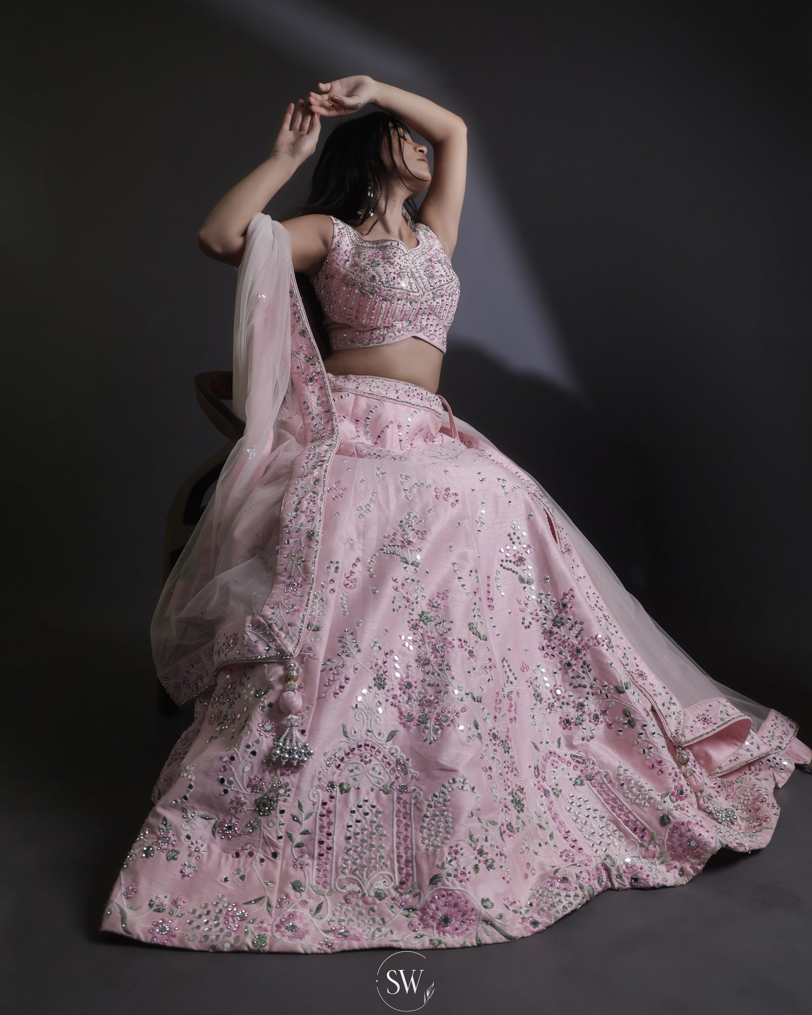 Pastel Pink Bridal Lehenga Set With Hand Embroidery
