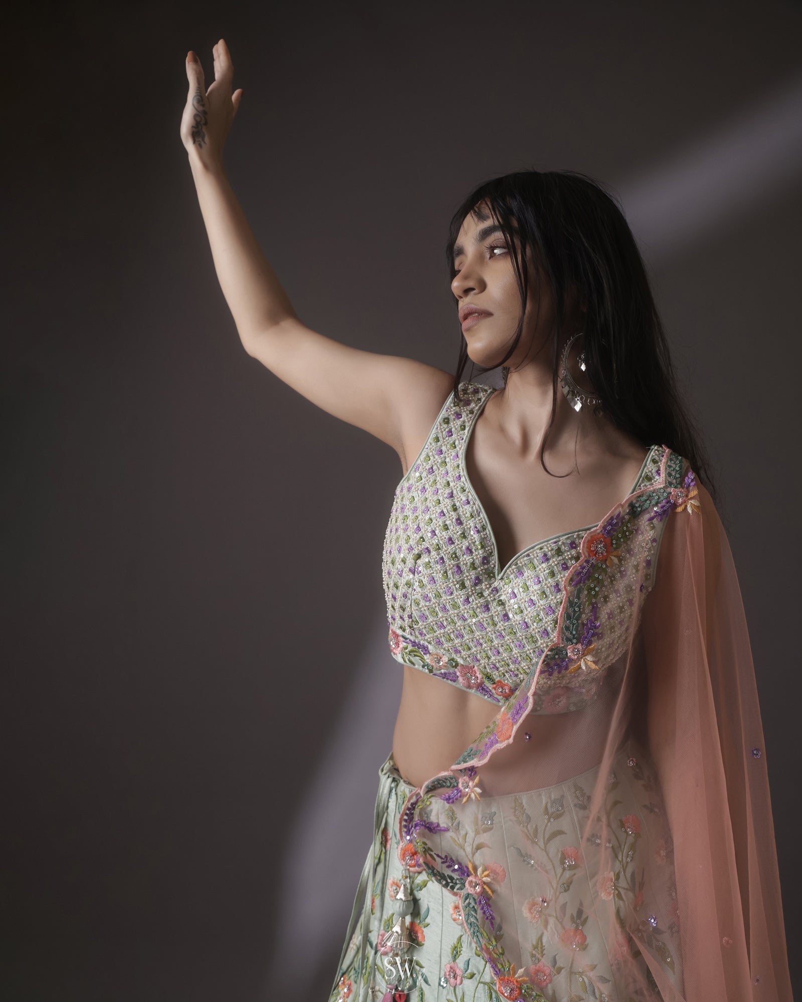 Pistachio Green Bridal Lehenga Set With Hand Embroidery