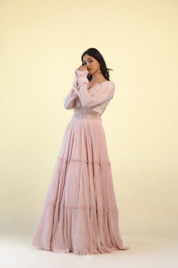 Melon Pink Embellished Long Gown With Floral Design