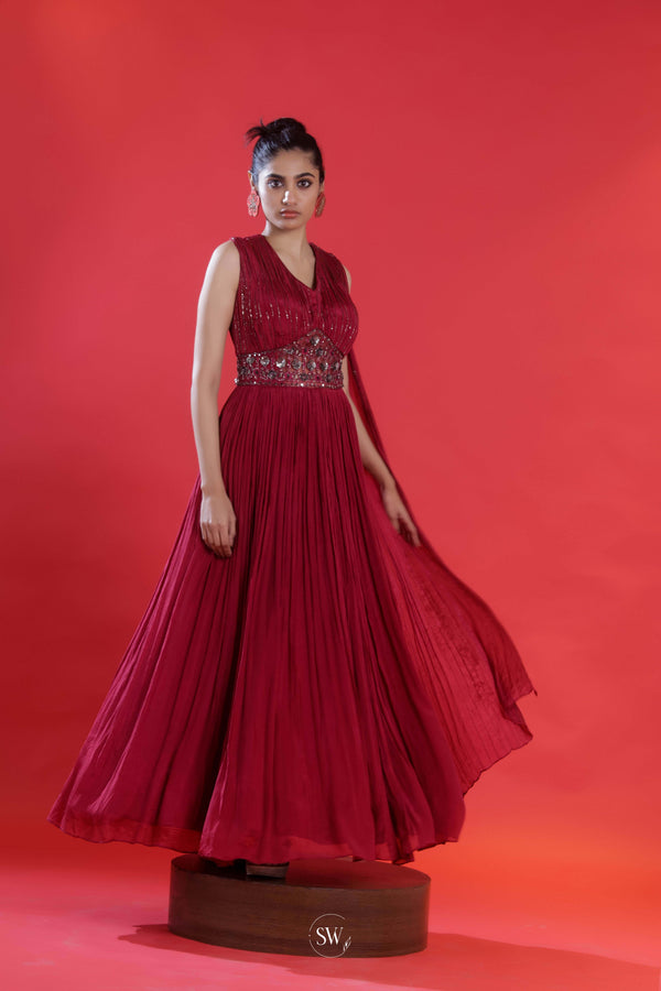 Maroon Red Embroidered Gown