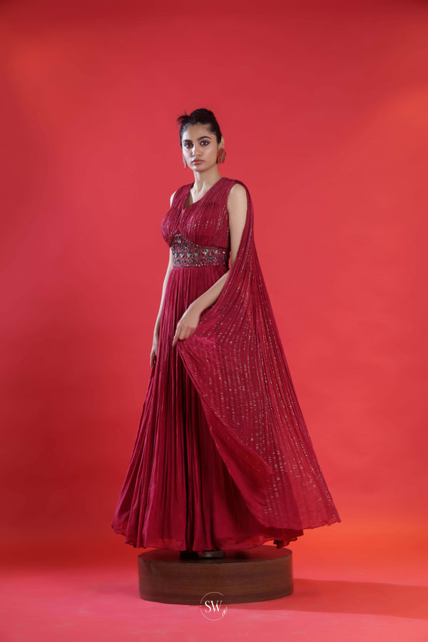 Maroon Red Embroidered Gown