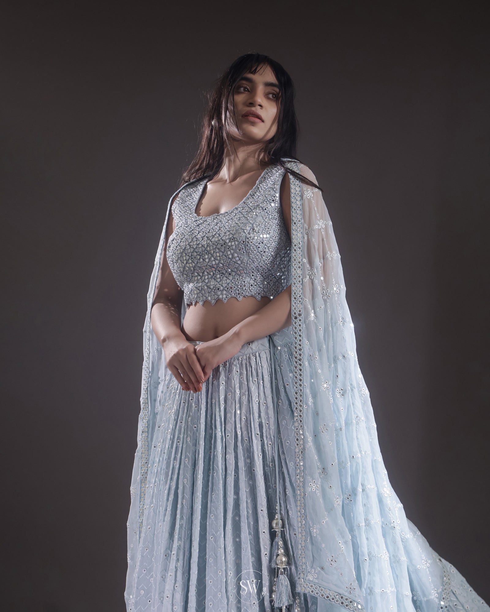 Pastel Sky Blue Embroidery Lehenga Set