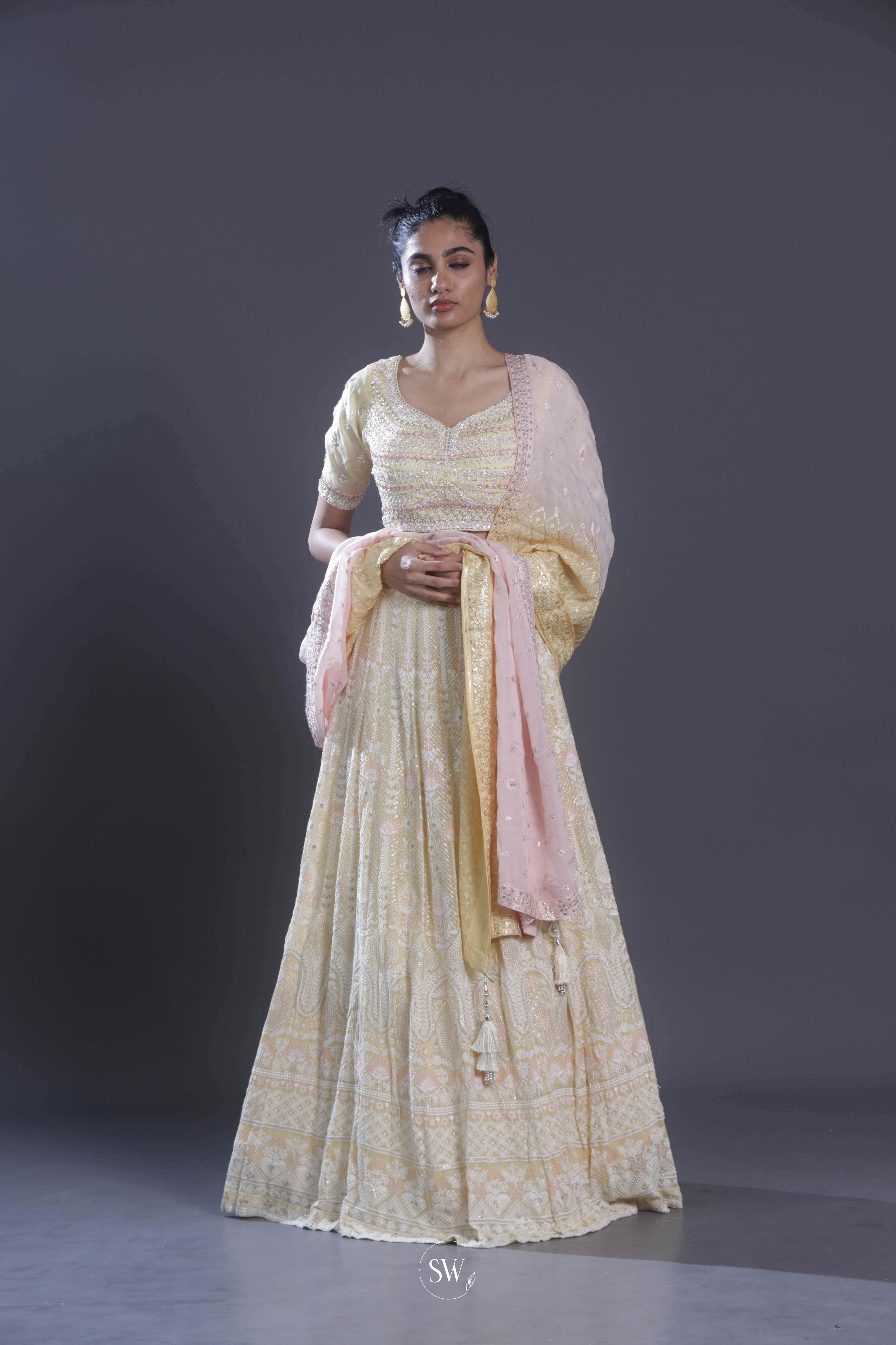 Pastel Yellow Embroidered Lehenga Set